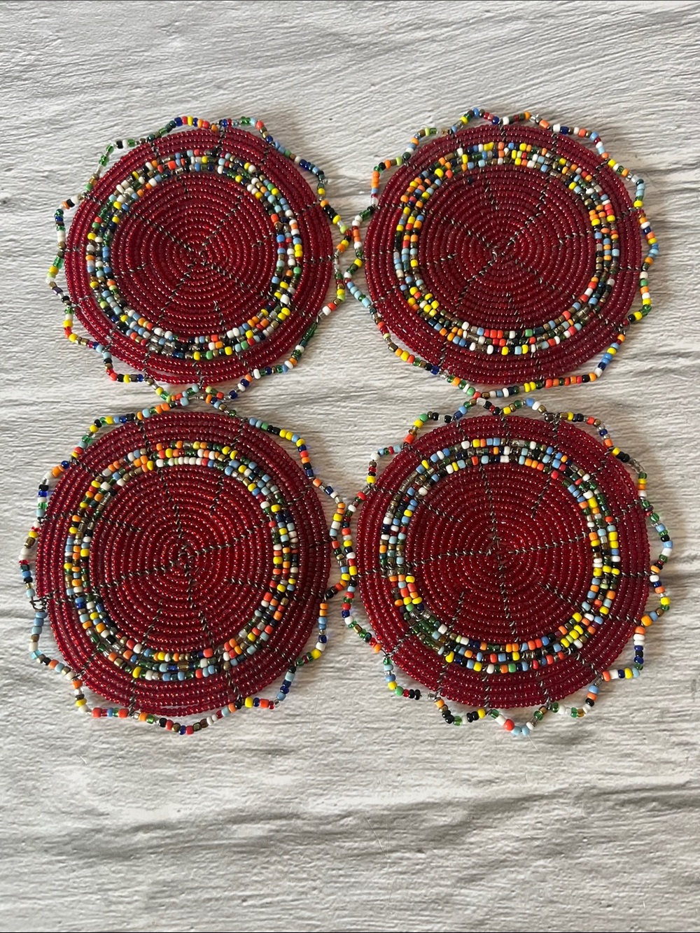 Handmade Red Seed Beaded Coasters Set of 4